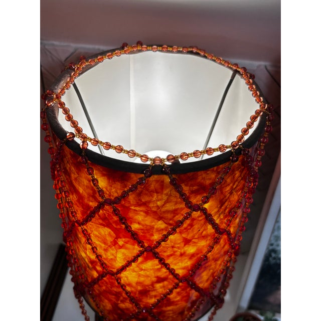 Plastic Vintage Brown Mica Drum Beaded Boudoir Parlor Lamp Shade For Sale - Image 7 of 10