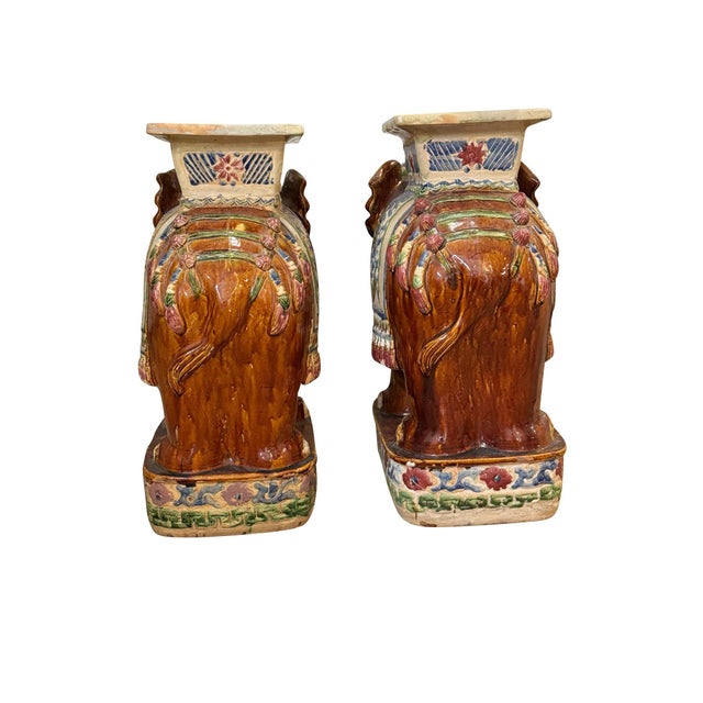 Vintage Brown Elephant Form Garden Stools with Green and Blue Decoration - A Pair For Sale - Image 12 of 18