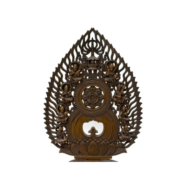 Coffee Oriental Buddha Halo Back Lotus Base Boxwood Display Stand For Sale - Image 8 of 9