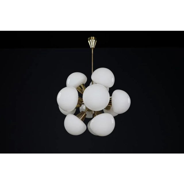 Metal Mid-Century Modern Sputnik Chandelier in Brass and Opaline Glass, Cz, 1970s For Sale - Image 7 of 14