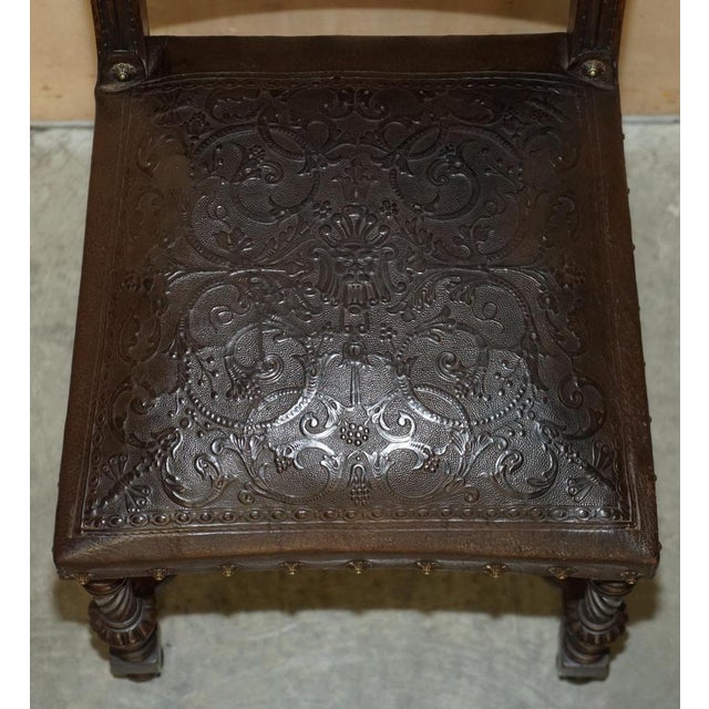 French Henry II Oak & Embossed Leather Dining Chairs, 1880s, Set of 6 For Sale - Image 14 of 18