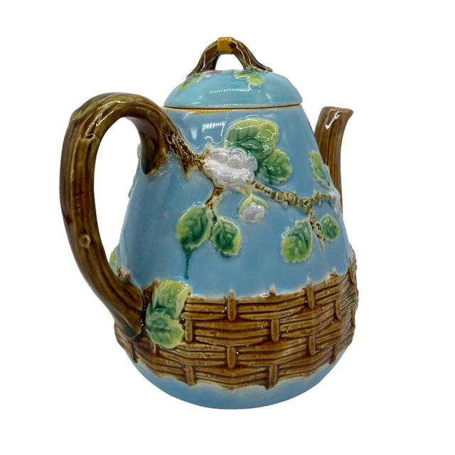Late 19th Century George Jones Majolica 'Apple Blossom' Teapot Basketweave on Turquoise, Ca. 1873 For Sale - Image 5 of 13