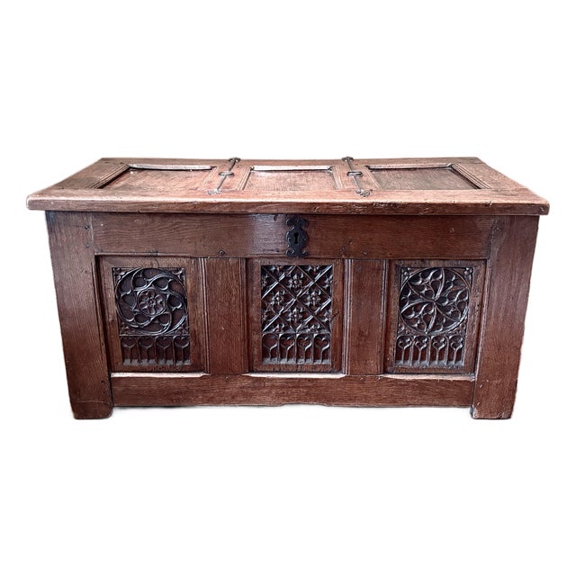 English Late 18th Century Walnut Gothic Coffer / Chest For Sale