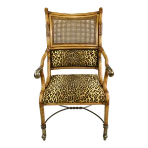 1990s Vintage Arago Hollywood Regency Style High Back Cane Bentwood Rattan Bindings Wrought Iron Support Touchstone Leopard Print Upholstery