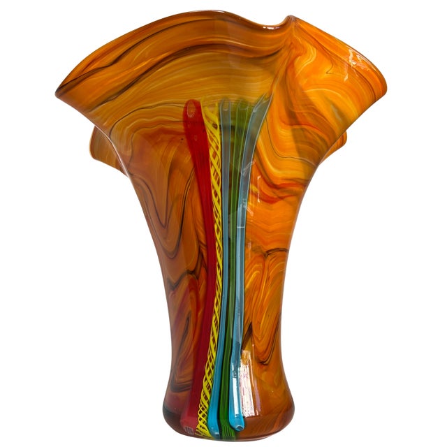 Murano Missoni Style Art Glass Orange Fazoletto Filligrana Vase For Sale - Image 9 of 12