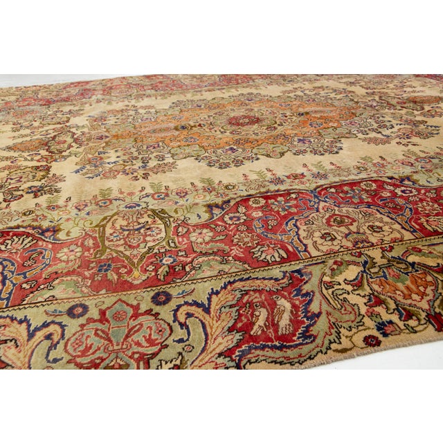 Vintage 1930s Tan Handcrafted Persian Wool Rug With Rosette Motif For Sale In New York - Image 6 of 10