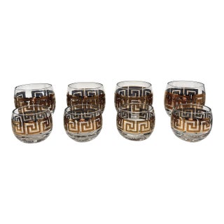 Vintage 22k Gold Greek Key Double Old Fashioned & Rocks Glasses Set of 8 For Sale