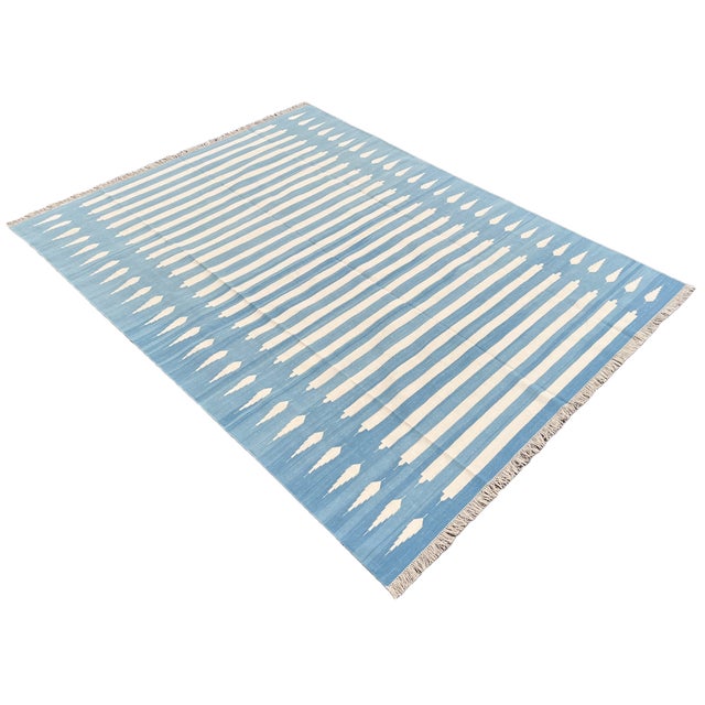 Handmade Cotton Flat Weave Area Rug, Sky Blue and White Striped Dhurrie - 10'x14' For Sale - Image 9 of 14