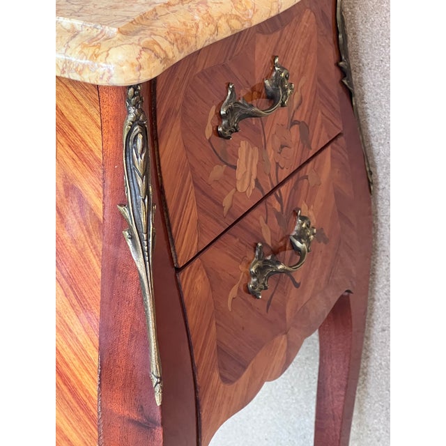 Antique Louis XV French Marquetry Marble Top Nightstands, Set of 2 For Sale - Image 10 of 11