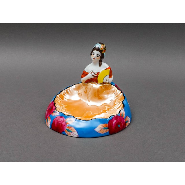 Noritake Japan Art Deco Hand Painted Lustre Figural Lady With Fan Bowl Trinket Dish. Measures approximately 5 1/8" long, 5...