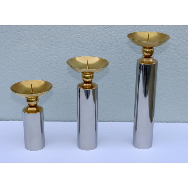 1980's Brass And Chrome Karl Springer Style Candle Holders - Set of 3 For Sale In New York - Image 6 of 12