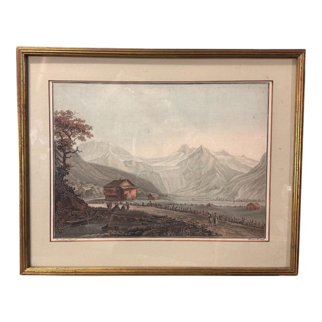 Antique Gilt Framed Colored Lithograph Print Mountain Landscape For Sale