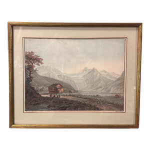 Antique Gilt Framed Colored Lithograph Print Mountain Landscape