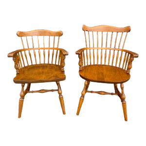 Ethan Allen Heirloom Nutmeg Maple Philadelphia Windsor Dining Armchairs - a Pair