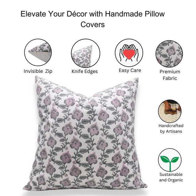 Fabdivine Handmade Block Printed Cushion Cover 18x18 Inch Thick Cotton White-Madhubala For Sale - Image 4 of 4