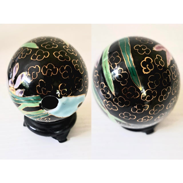 Black Vintage Chinese Cloisonné Enamel Floral Eggs W/Black Stands Set of 4 For Sale - Image 8 of 14