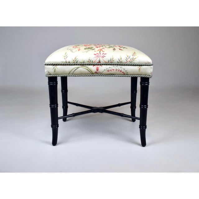 Wood Faux Bamboo Ottoman Bench Stool New Floral Upholstery For Sale - Image 7 of 10