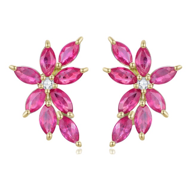 Nina Zhou Pink Sapphire Diamond Small Cluster Earrings in 14k Gold-Set of 2 For Sale
