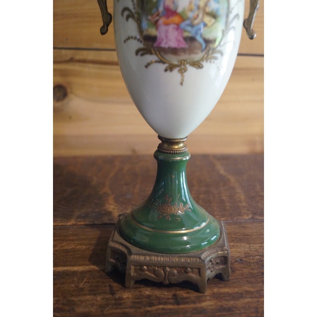 Early 20th Century French Sevres Style Porcelain and Bronze Mantle Urns - A Pair For Sale - Image 10 of 13