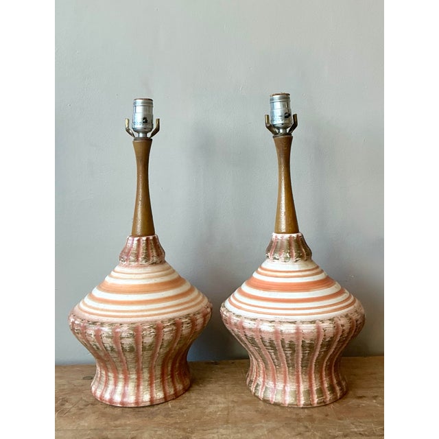Wood Vintage MCM Glazed Ceramic Lamps - A Pair For Sale - Image 7 of 10
