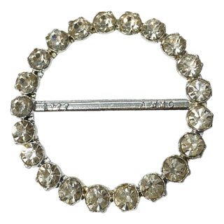 Vintage Silver Tone Round Buckle With Large Round Clear Rhinestones For Sale