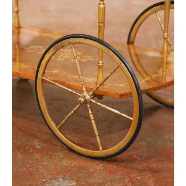 Brass Mid-Century Italian Marquetry Bar Cart With Drop Leaves and Gilt Brass Gallery For Sale - Image 8 of 8