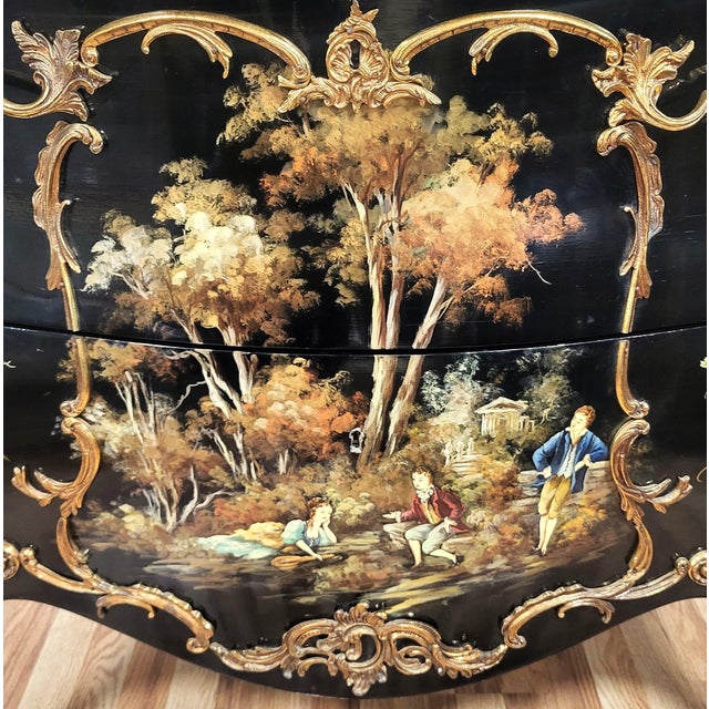 Vintage Louis XV Style Black Lacquered & Painted Marble Top Bronze Mounted Commode For Sale - Image 14 of 18