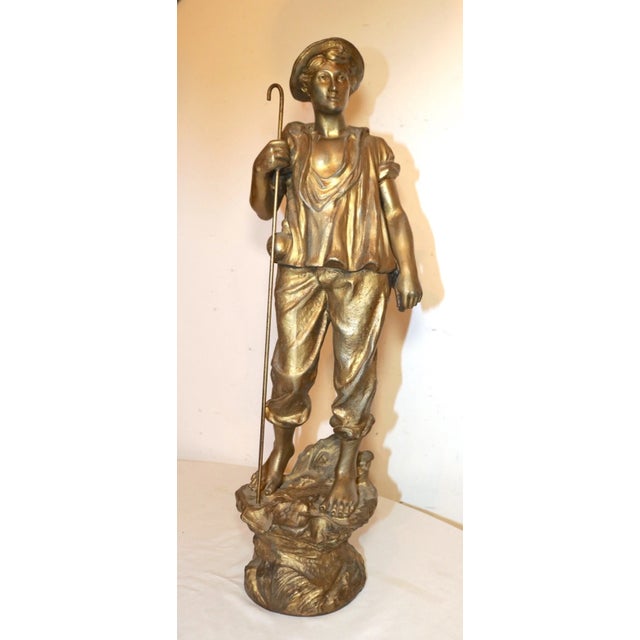 Figurative Large Antique Gold Gilded Metal Sheep Herder Paysan Figural Statue Sculpture For Sale - Image 3 of 12