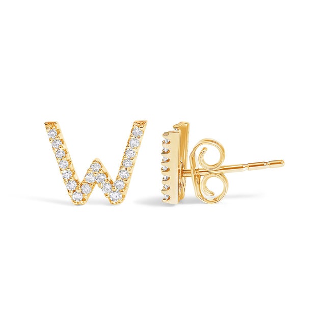 Contemporary 10K Yellow Gold 1/10 Cttw Diamond 'W' Initial Stud Earring For Sale - Image 3 of 5