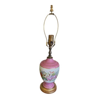 Antique French Pink Opaline Floral Lamp For Sale