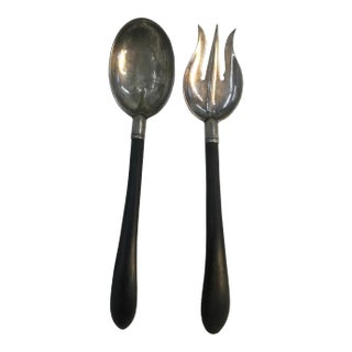 Antique Ebonized Handles Silver Plate Salad Serving Set. For Sale