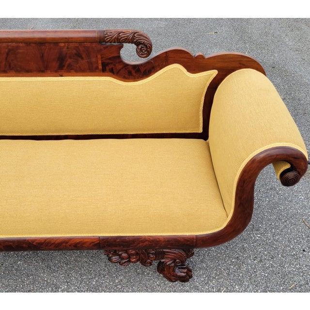 Yellow Antique 19th Century American Empire Mahogany Sofa Settee-Hand-Carved Upholstered For Sale - Image 8 of 12