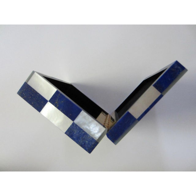 Lapiz Lazuli Intarsia Mother of Pearl Vintage Jewelry Box For Sale - Image 11 of 14