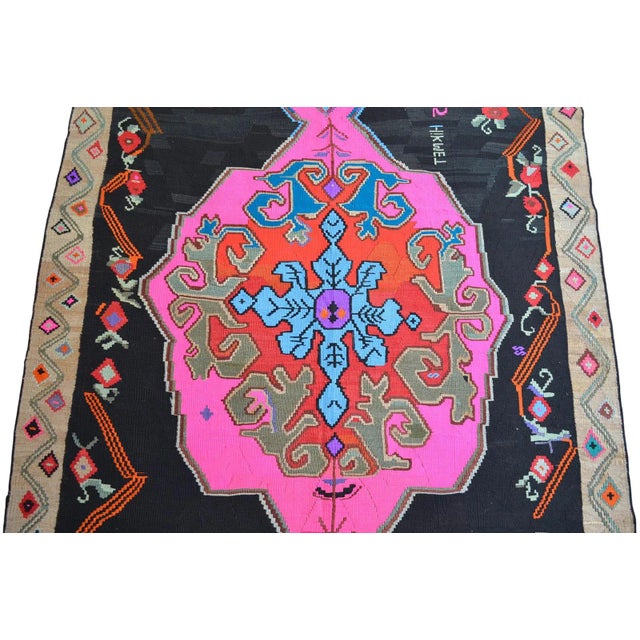 Handwoven Turkish Kilim Rug Anatolian Tribal Pink Rug - 6′5″ X 12′10″ For Sale - Image 9 of 12