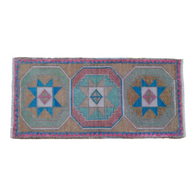 Hand Knotted Turkish Rug. Low Pile Small Rug Colorful Mat Bath Rug Kitchen Decor - 1′4″ × 2′10″ For Sale