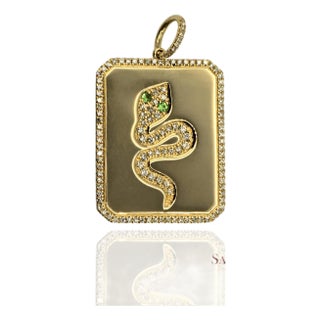 Late 20th Century 14k(585) Yellow Gold Natural Diamond & Natural Tsavorite Snake Pendant For Sale