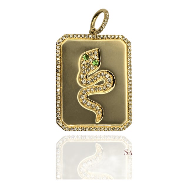 Late 20th Century 14k(585) Yellow Gold Natural Diamond & Natural Tsavorite Snake Pendant For Sale