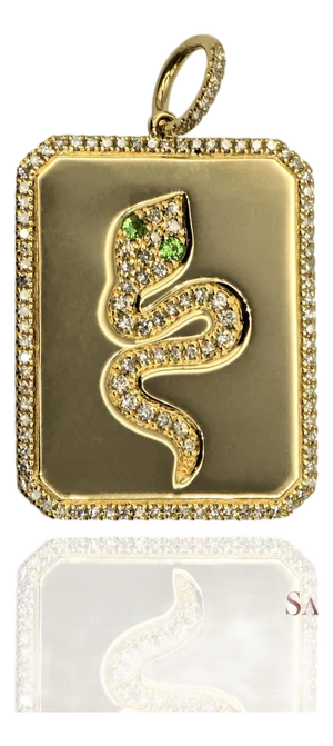 Late 20th Century 14k(585) Yellow Gold Natural Diamond & Natural Tsavorite Snake Pendant