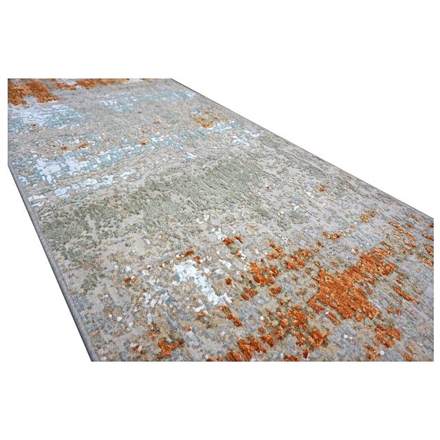 21st Century Indian Modern Wool & Silk 3x9 Grey, Rust, & Slate Runner Rug #1144152 For Sale - Image 9 of 11