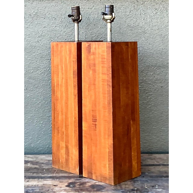 Vintage Boho Wood Block Lamps - A Pair For Sale In West Palm - Image 6 of 7