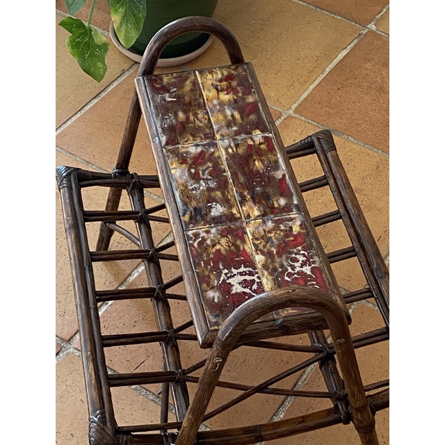 Rattan Magazine Rack with Ceramic Tile Shelf, 1970s For Sale - Image 3 of 18