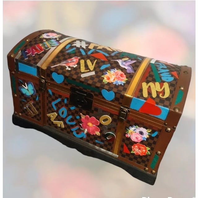 2000 - 2009 Custom Made One of a Kind Mixed Media Art Covered Faux Leather Checkered Large Storage Trunk Art For Sale - Image 5 of 11