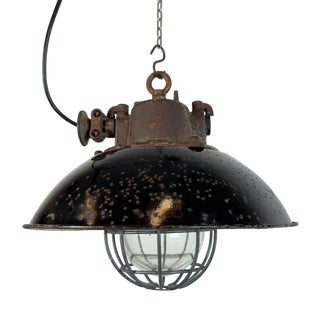Industrial Black Enamel and Cast Iron Cage Pendant Light from Elektrosvit, 1960s For Sale