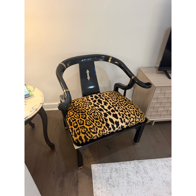1960s Pair of James Mont Style Chinoiserie Black Lacquer Armchairs in Serengeti Leopard For Sale - Image 9 of 12