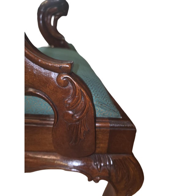 Pair of Vintage Chippendale-Style Carved Mahogany Armchairs With Green Upholstery For Sale - Image 4 of 12
