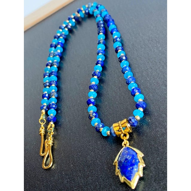 Royal Blue Artisan Handcrafted Lapis Lazuli Pendant Necklace in Blue Chalcedony and Golden Hematite For Sale - Image 8 of 15