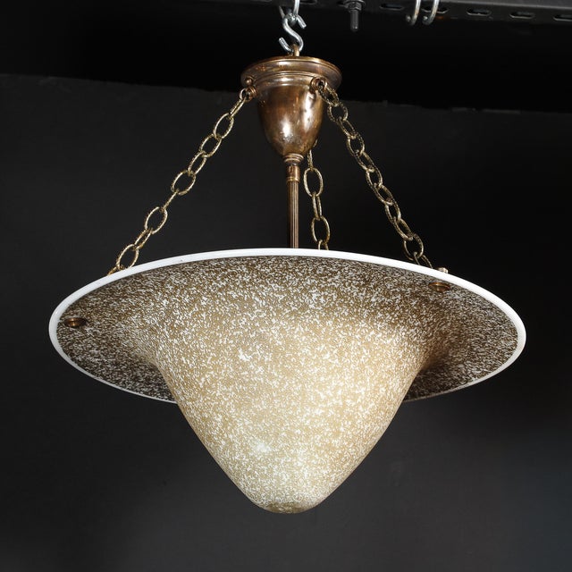 Glass Art Deco Basin Form Acid Etched Green Gold & White Glass Pendant Signed Daum For Sale - Image 7 of 16