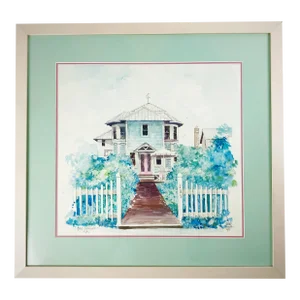 Large Jerry Baum Signed Watercolor “The Seaside” Coastal Southern Home, 1991 - Framed