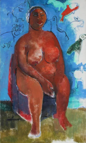Martin Snipper Expressionist Nude Portrait With Blue Oil Painting on Canvas, Mid 20th Century