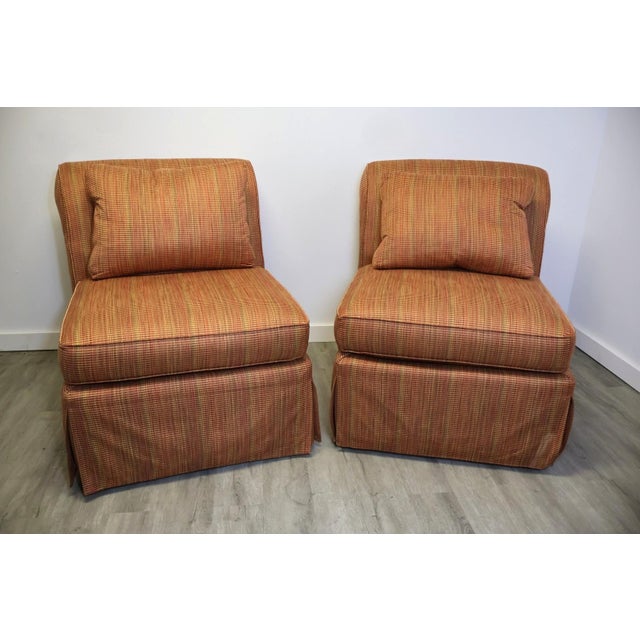 Drexel Heritage Pair of Drexel Heritage Oversized Slipper Lounge Chairs in Rust & Olive Stripe, 2006 For Sale - Image 4 of 12